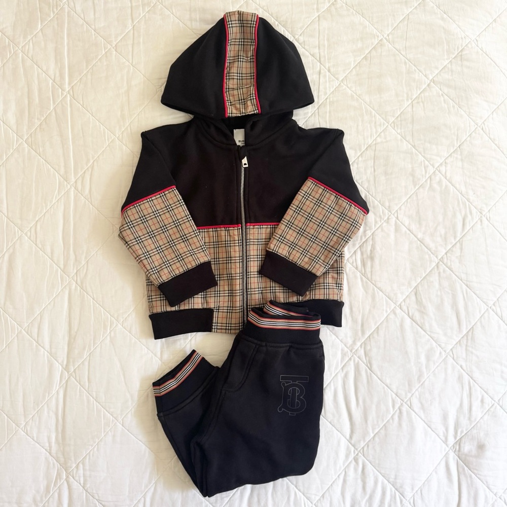 Burberry - Kids Black/Beige Check Hoodie and Jogger Set, Size 2Y